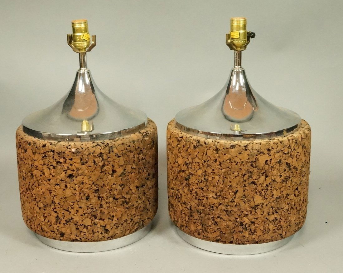 Pr 70's Modern Wide Cork & Chrome Table Lamps. (1 of 9)