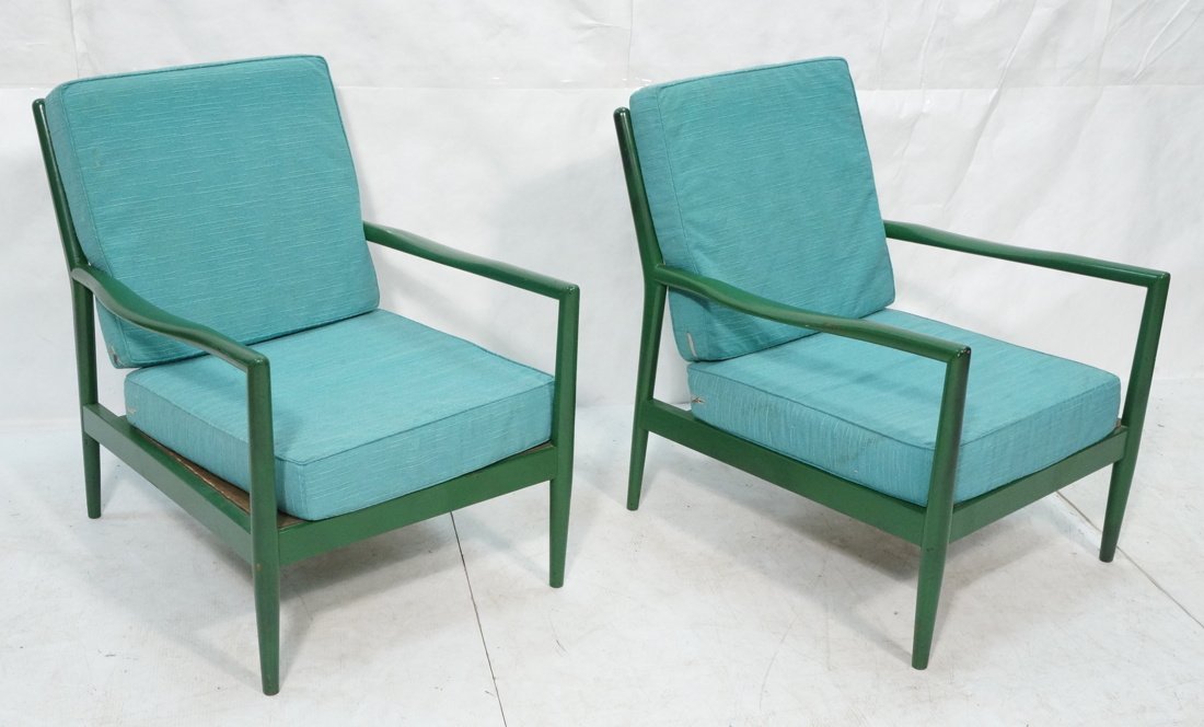 Pr Adrian Pearsall style Lounge Chairs. Green lac: Pr Adrian Pearsall style Lounge Chairs. Green lacquer finish on wood frames. Green fabric-- Dimensions: H: 31.5 inches: W: 25.5 inches: D: 31 inches ---
