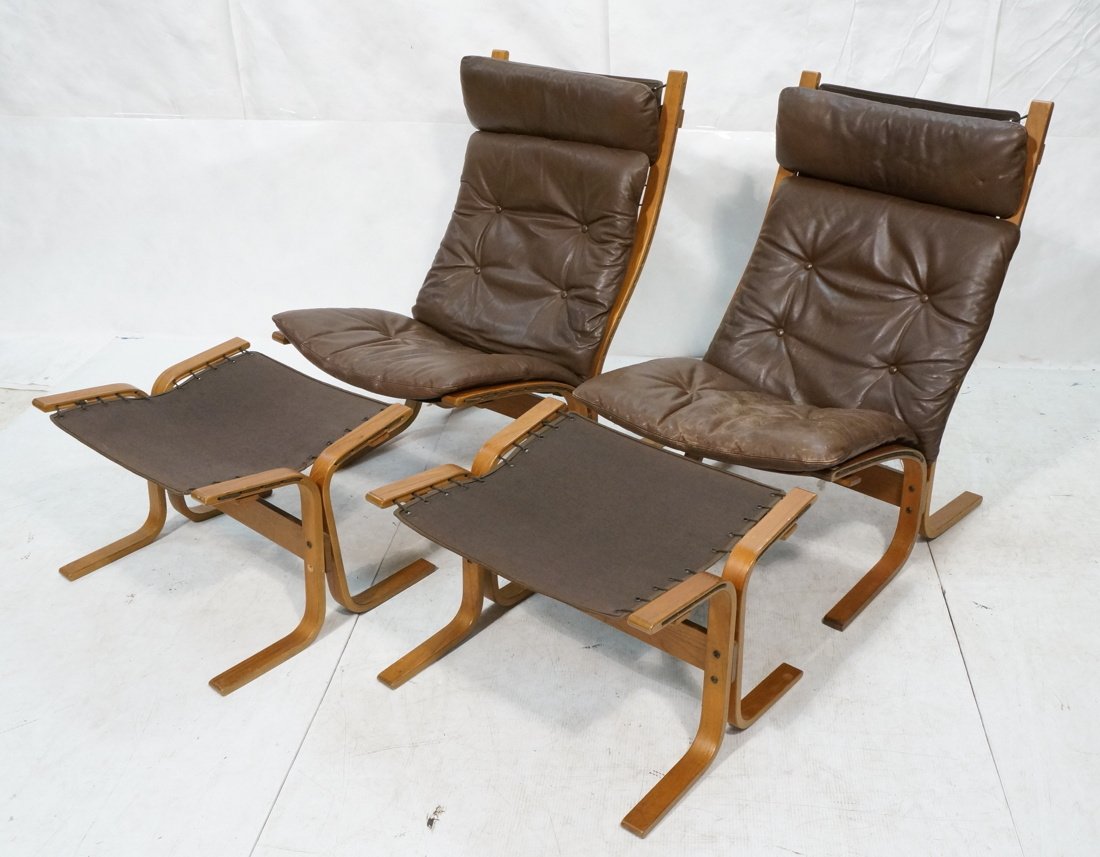 4pc Brown Leather Westnofa Lounge Chairs & Ottoma (1 of 10)