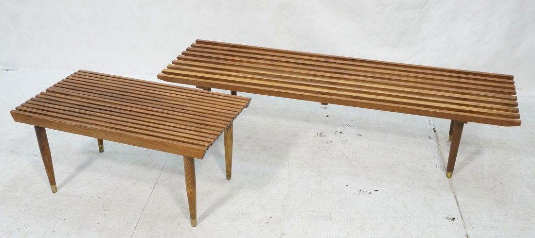 Two Mid Century Slat Benches. Brass capped feet. (1 of 7)