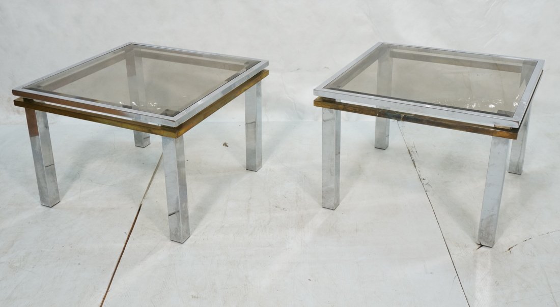 Pair 70's Modern Side Tables.  Chrome with Brass (1 of 8)