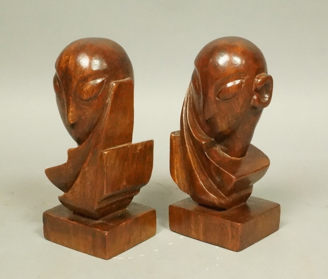 Pr Carved Wood Bookends. Modernist Art Deco Heads (1 of 4)