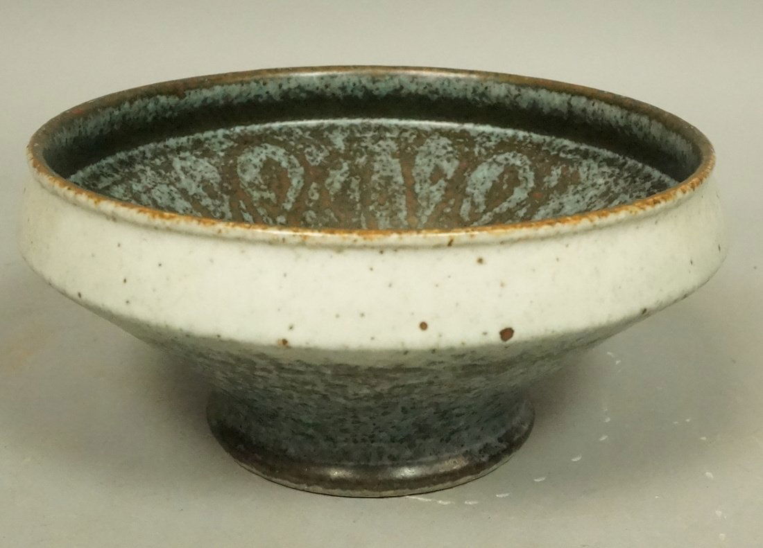 RORSTRAND Studio Art Pottery. Sweden Drejar Grubb: RORSTRAND Studio Art Pottery. Sweden Drejar Grubben 1972. Dark mottled glaze with light band trim. Modernist. -- Dimensions: H: 4.5 inches: W: 8.75 inches --- US Shipping charge: $35