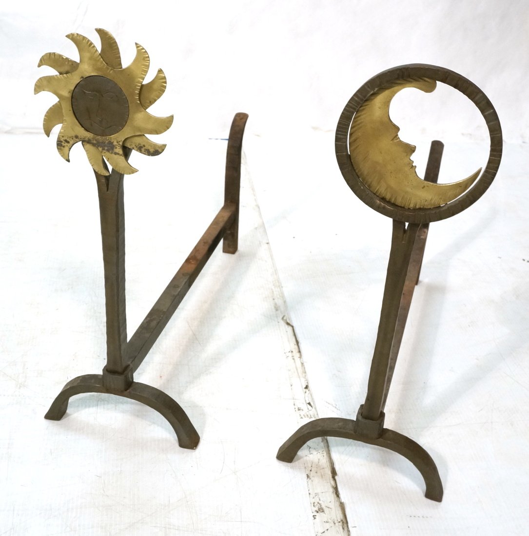 Sun & Moon Iron & Brass Andirons. Iron Frames wit: Sun & Moon Iron & Brass Andirons. Iron Frames with brass sun & Moon. Not marked. -- Dimensions: H: 22.5 inches: W: 9 inches: D: 24 inches ---