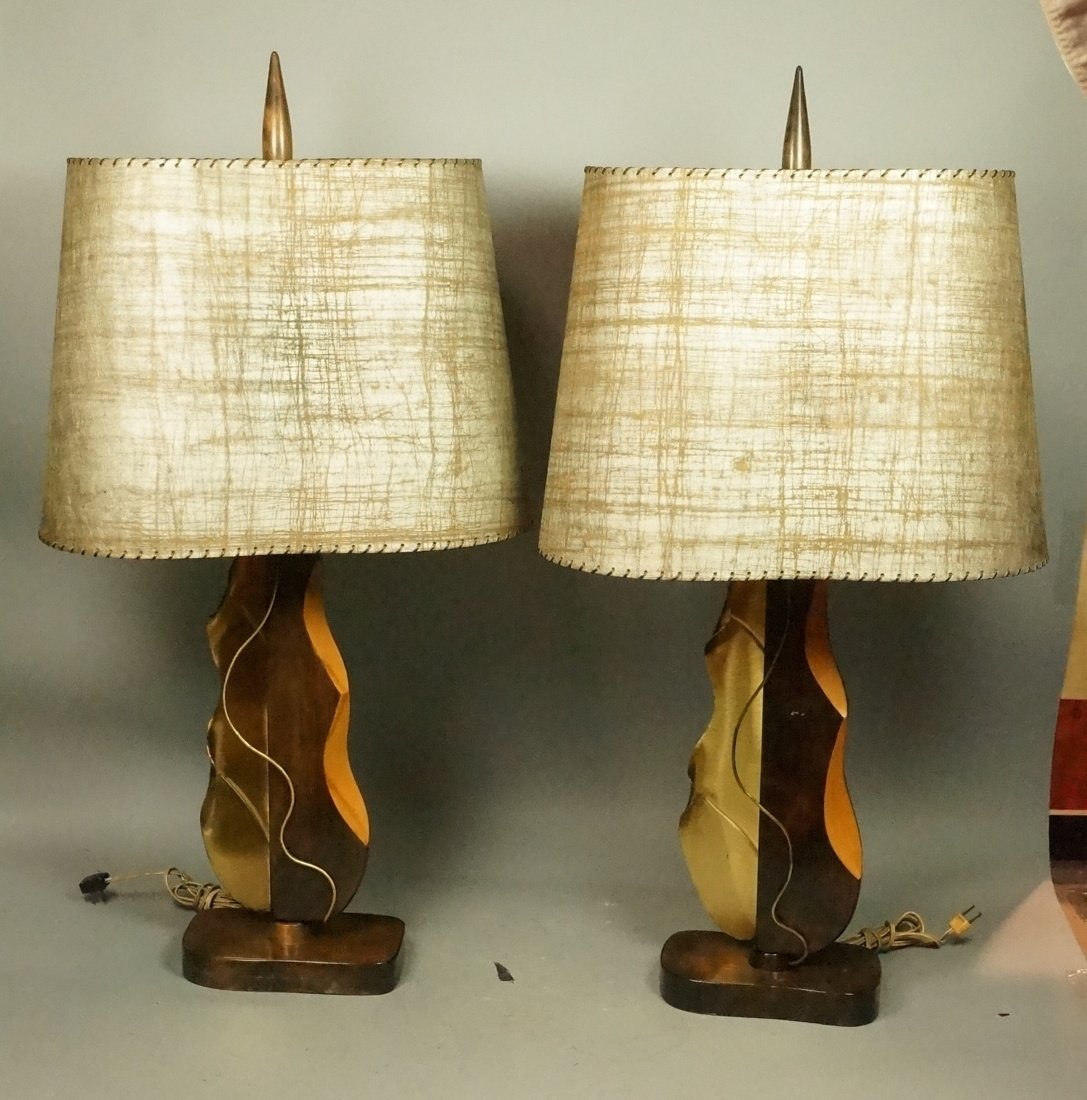 Pr Brass Wood Modernist Table Lamps. Heifetz Signed (1 of 6)