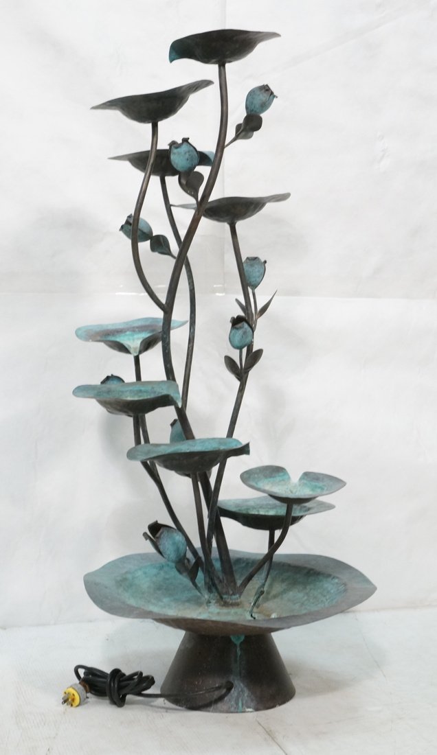 Contemporary Metal Outdoor Patio Water Fountain.: Contemporary Metal Outdoor Patio Water Fountain. Blue patina finish to metal. Tall floral design.-- Dimensions: H: 47 inches: W: 23 inches ---