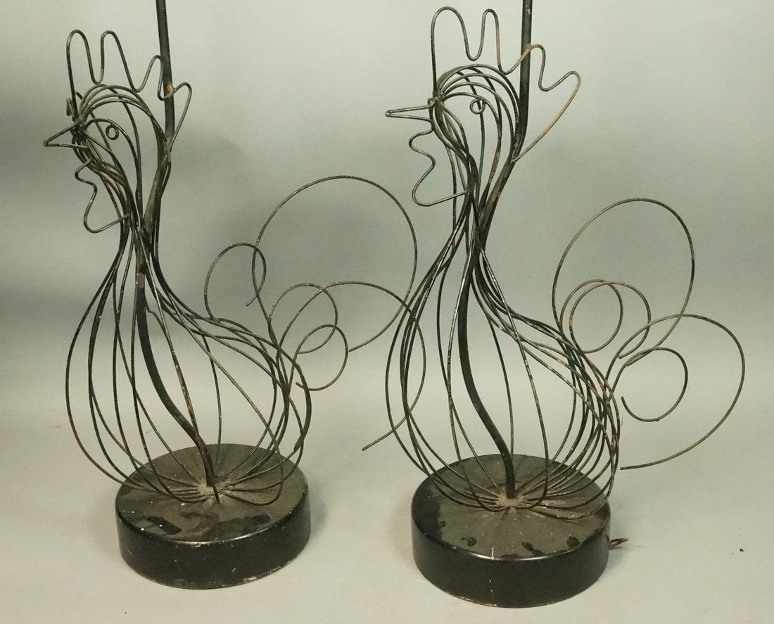 Pr Modernist Rooster Cock Black Wire Table Lamps. (1 of 8)