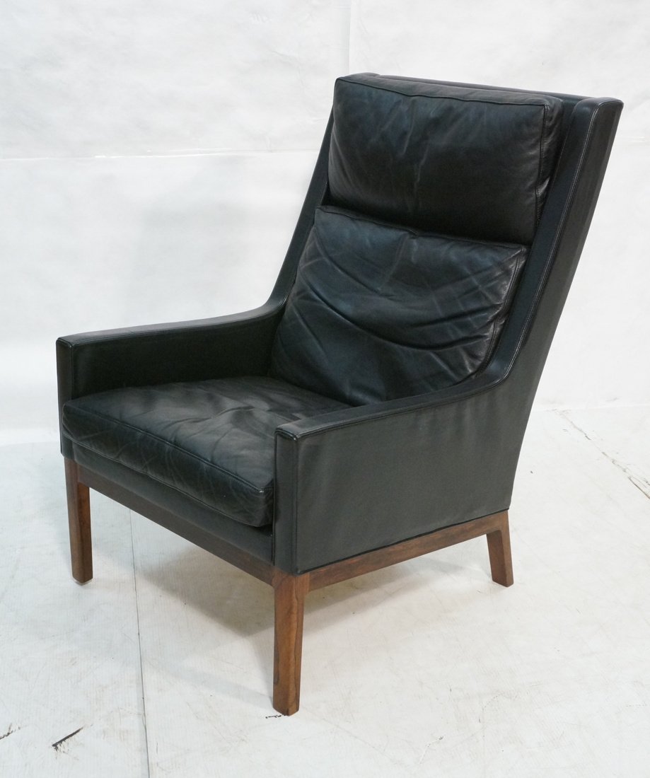 Borge Mogensen Rosewood Tall Back Lounge Chair wi: Borge Mogensen Rosewood Tall Back Lounge Chair with Black Leather upholstery. Unmarked.-- Dimensions: H: 38 inches: W: 26 inches: D: 30 inches ---