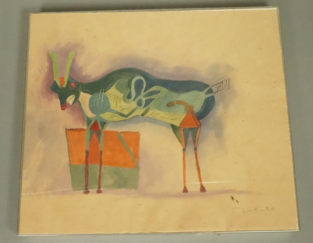 Pencil signed Watercolor of Bull. Colorful modern (1 of 6)