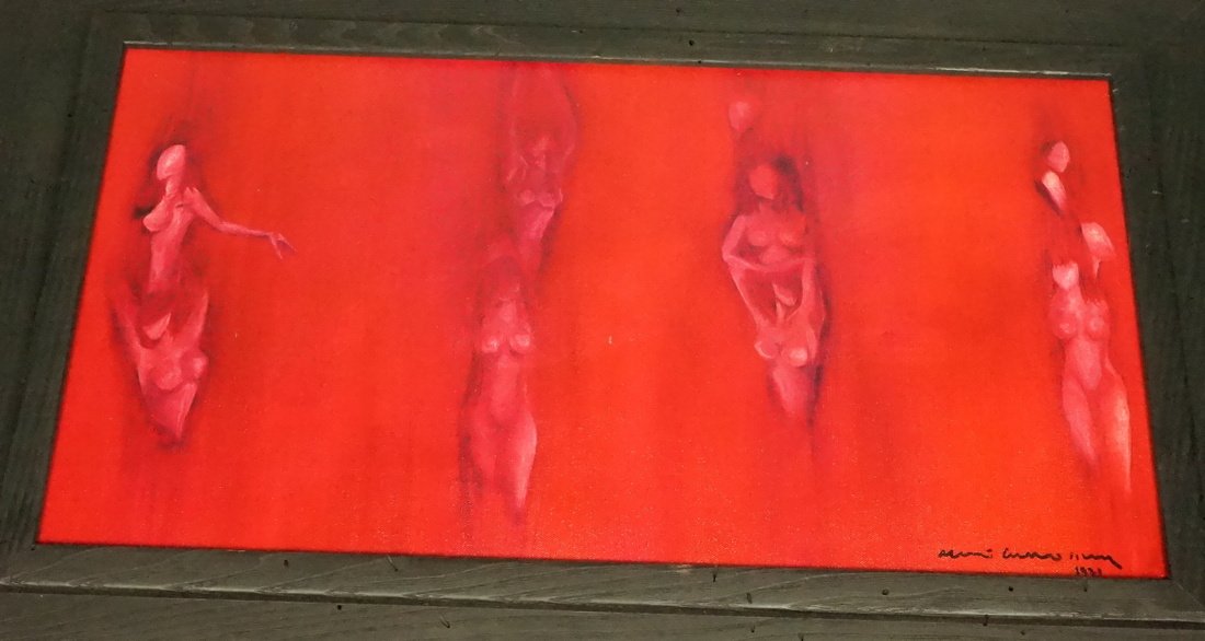 Modernist Oil Painting Eight Nude Figures. GUILLE: Modernist Oil Painting Eight Nude Figures. GUILLERMO MEZA 1971. Signed. Oil on Board-- Dimensions: Image Size: H: 12 inches: W: 23.75 inches ---