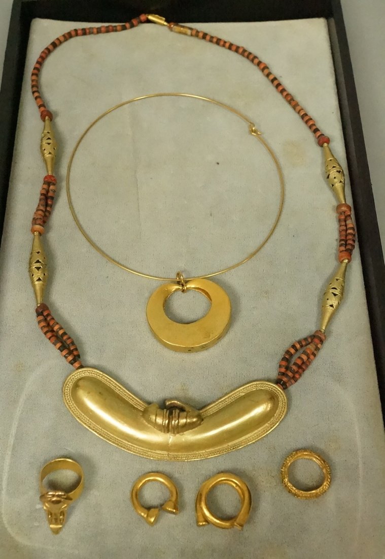6pc Colombian Tribal Jewelry. Cano Colombian jewe: 6pc Colombian Tribal Jewelry. Cano Colombian jewelry, reproductions of originals. only company permitted by law to make reproductions. Brass tone. 4 Rings. 2 Pendant Necklaces. Not marked.-- Dimension