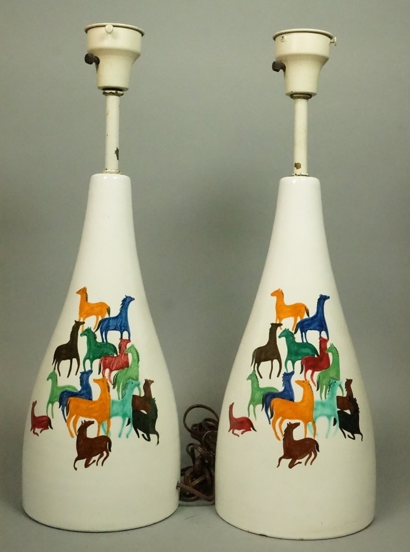 Pr Pottery Ceramic Table Lamps. Colorful Horses o (1 of 5)