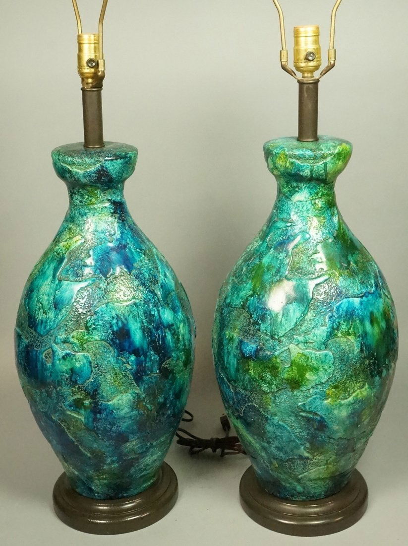 Pr large plaster blue & green glazed table lamps. (1 of 5)