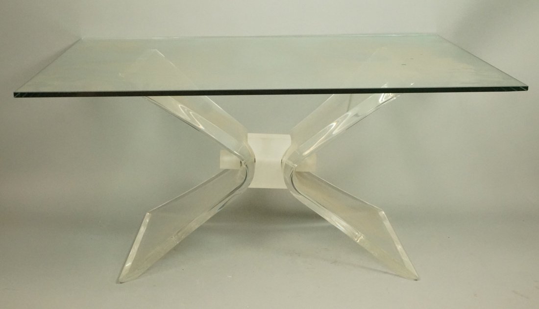 70.s Modern Lucite and Glass Table. Acrylic bow: 70.s Modern Lucite and Glass Table. Acrylic bow tie design. -- Dimensions: H: 16 inches: W: 32.75 inches: D: 26 inches ---