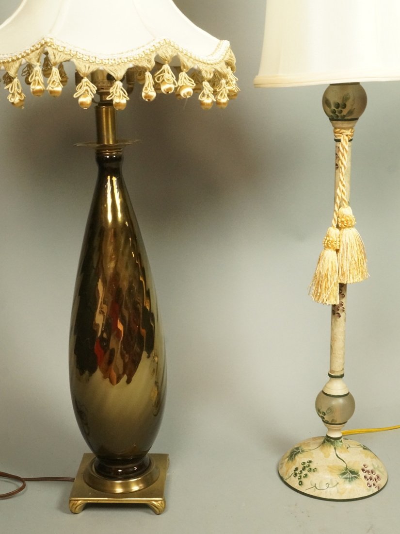 2pc Table Lamps. Painted Antiques Roadshow Dale: 2pc Table Lamps. Painted Antiques Roadshow Dale Tiffany Lamp. Iridescent glass with brass mounts.-- Dimensions: H: 32 inches: W: 12 inches ---