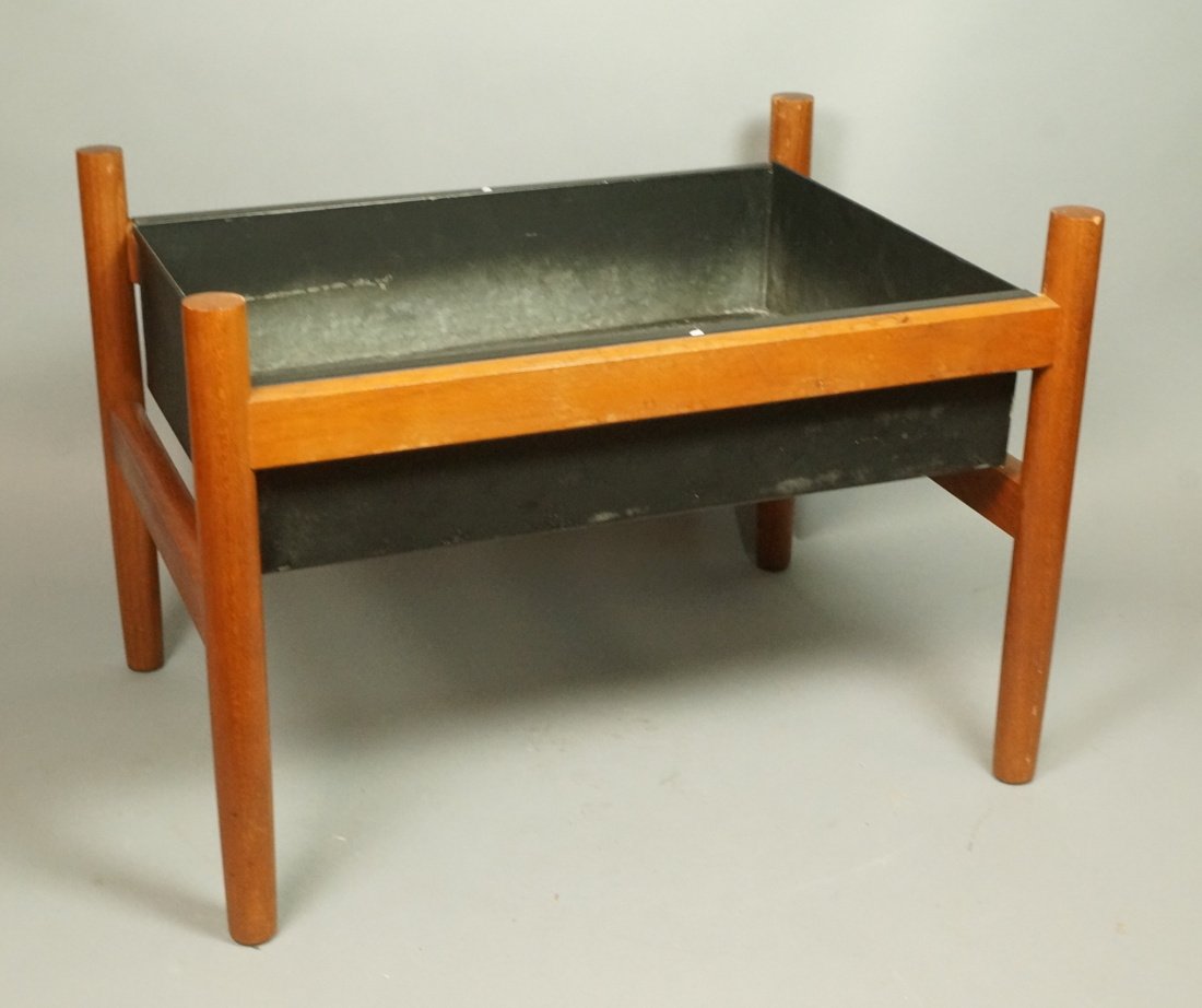 Danish Modern Teak Planter with Black Metal Tray.: Danish Modern Teak Planter with Black Metal Tray. Unmarked.-- Dimensions: H: 15 inches: W: 20.5 inches: D: 15 inches ---