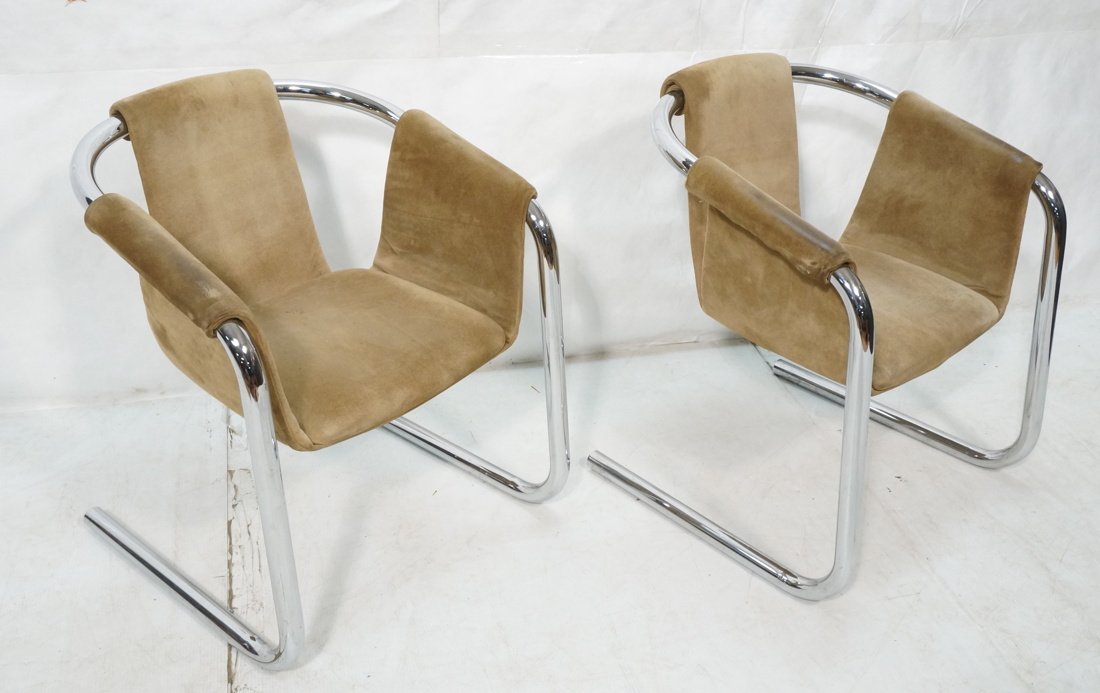 Pr Chrome & Suede Lounge Chairs. Barrel back wide (1 of 9)