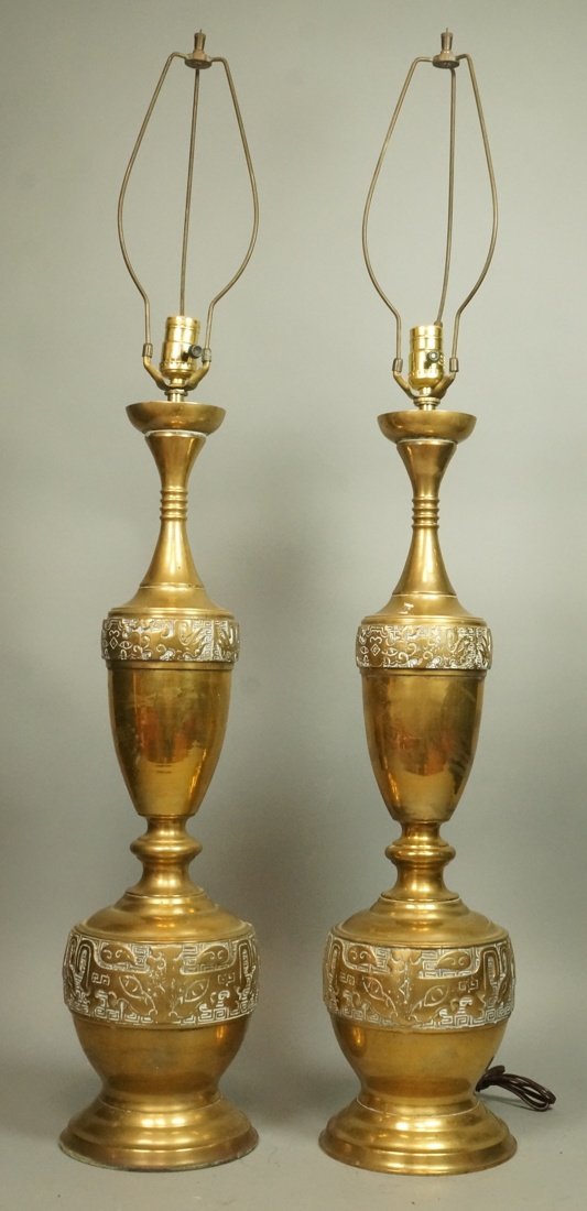 Pr Brass Tribal Ethnic Tall Table Lamps. Textured (1 of 10)