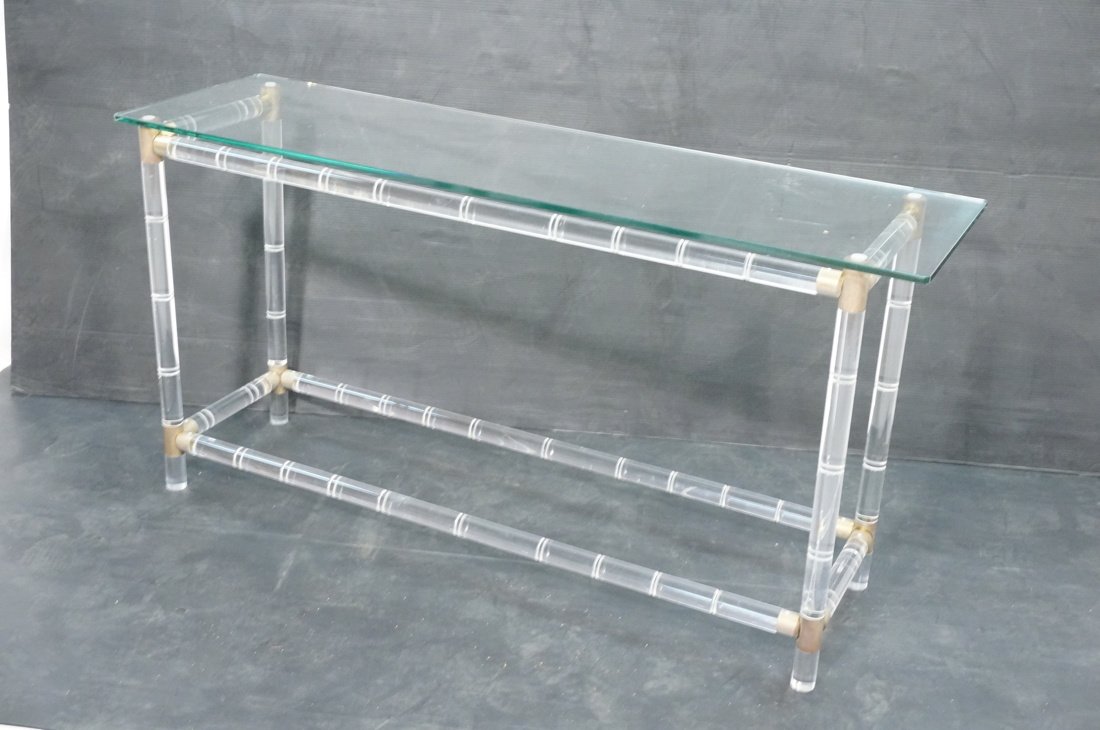 Glass Top Sofa Hall Table. Lucite base in faux ba (1 of 6)