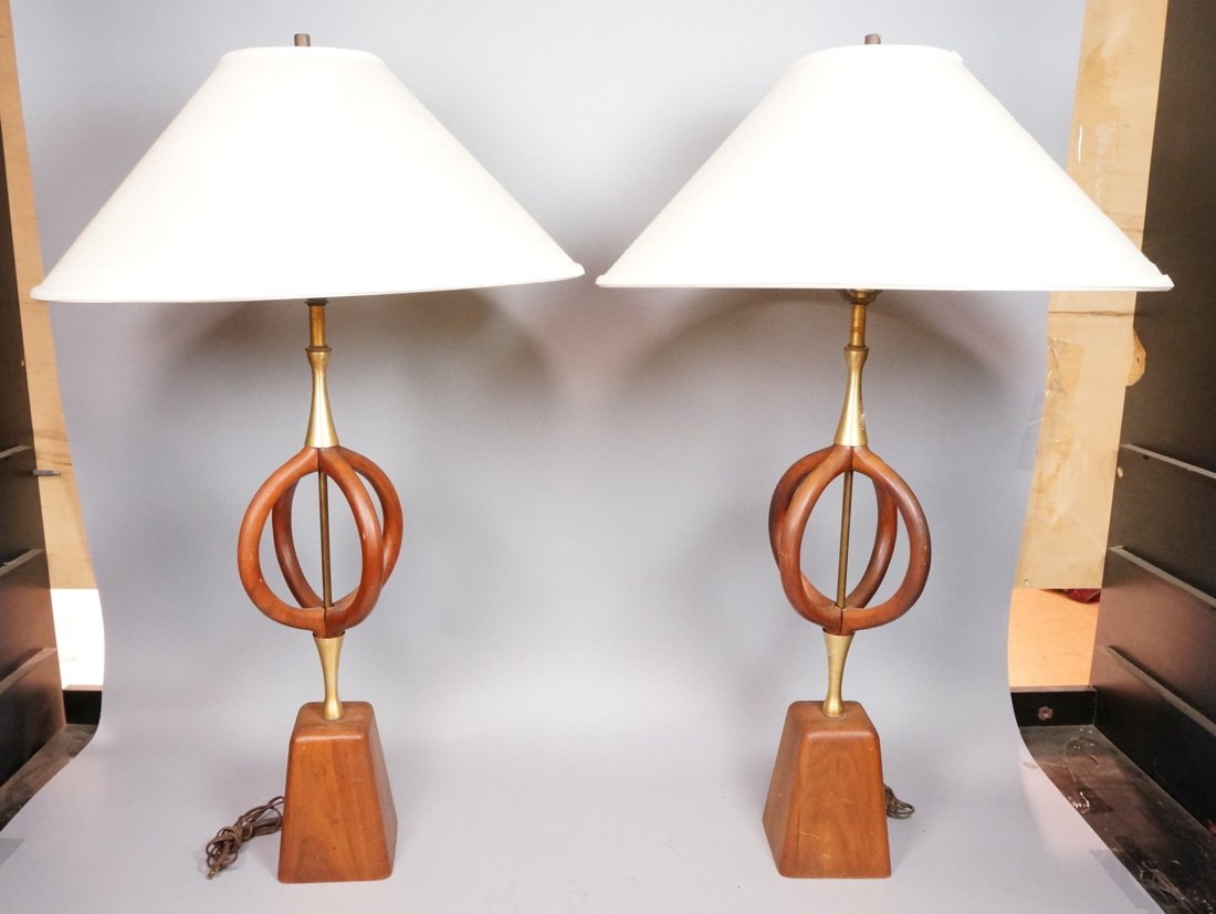Pr Modernist Walnut Orb & Brass Table Lamps.  Sty (1 of 7)
