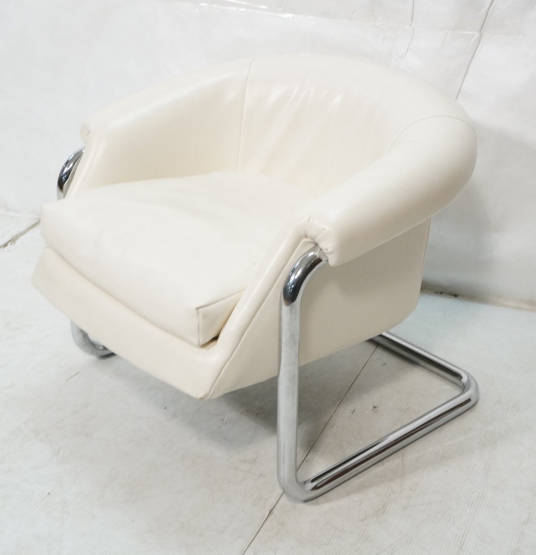 White Vinyl Chrome Frame Lounge Chair. Barrel Bac (1 of 7)