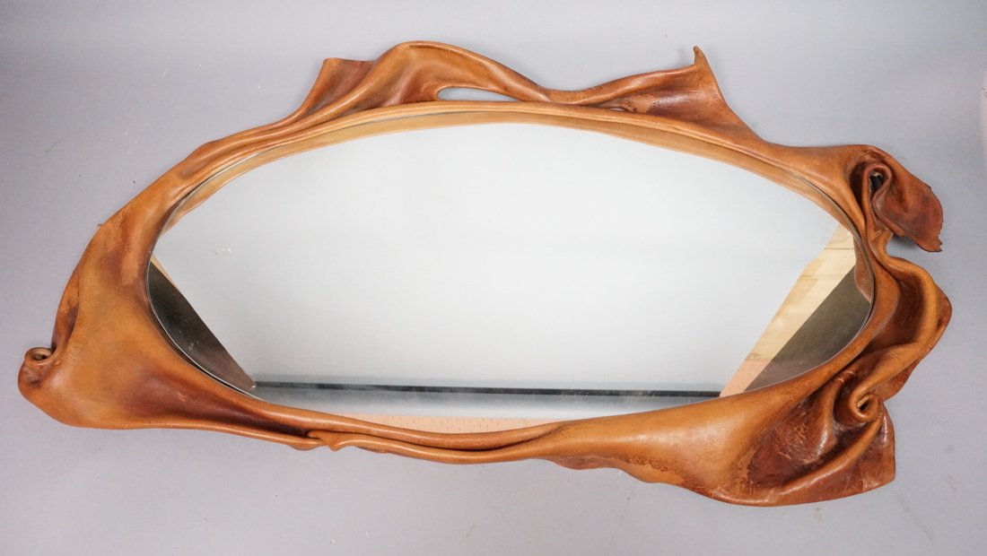Oval Wall Mirror. Sculpted Leather Frame. (1 of 9)