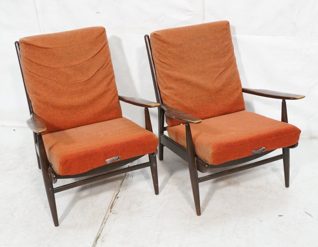 Pr Danish Modern SCANDIA Wood Frame Arm Lounge Chairs: Pr Danish Modern Wood Frame Selig style Arm Lounge Chairs. Spring tension supports. Wide wood paddle arms. Red orange fabric. -- Dimensions: H: 32 inches: W: 25 inches: D: 36 inches ---