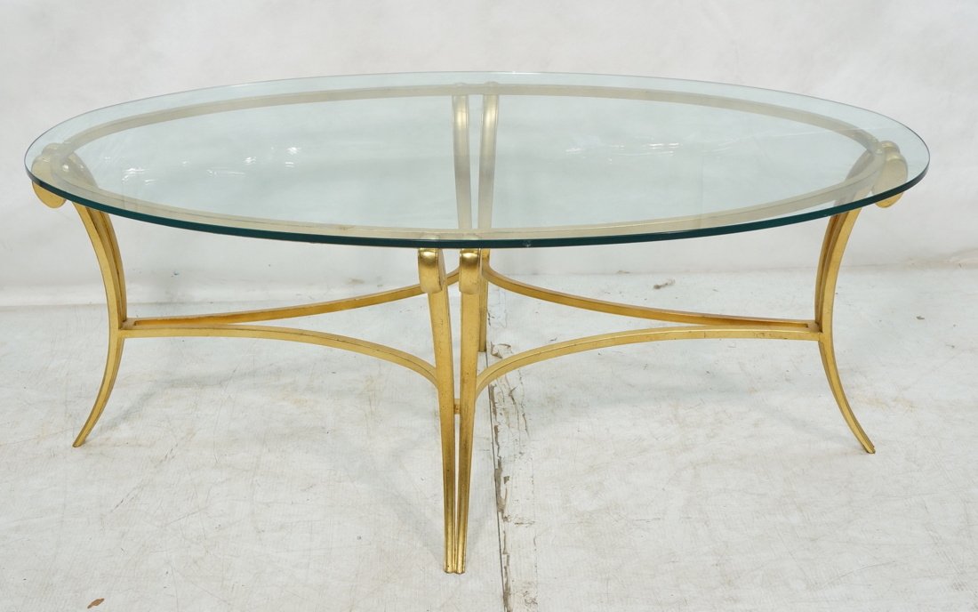 Gold Metal Decorator Oval Glass Top Coffee Table. (1 of 5)