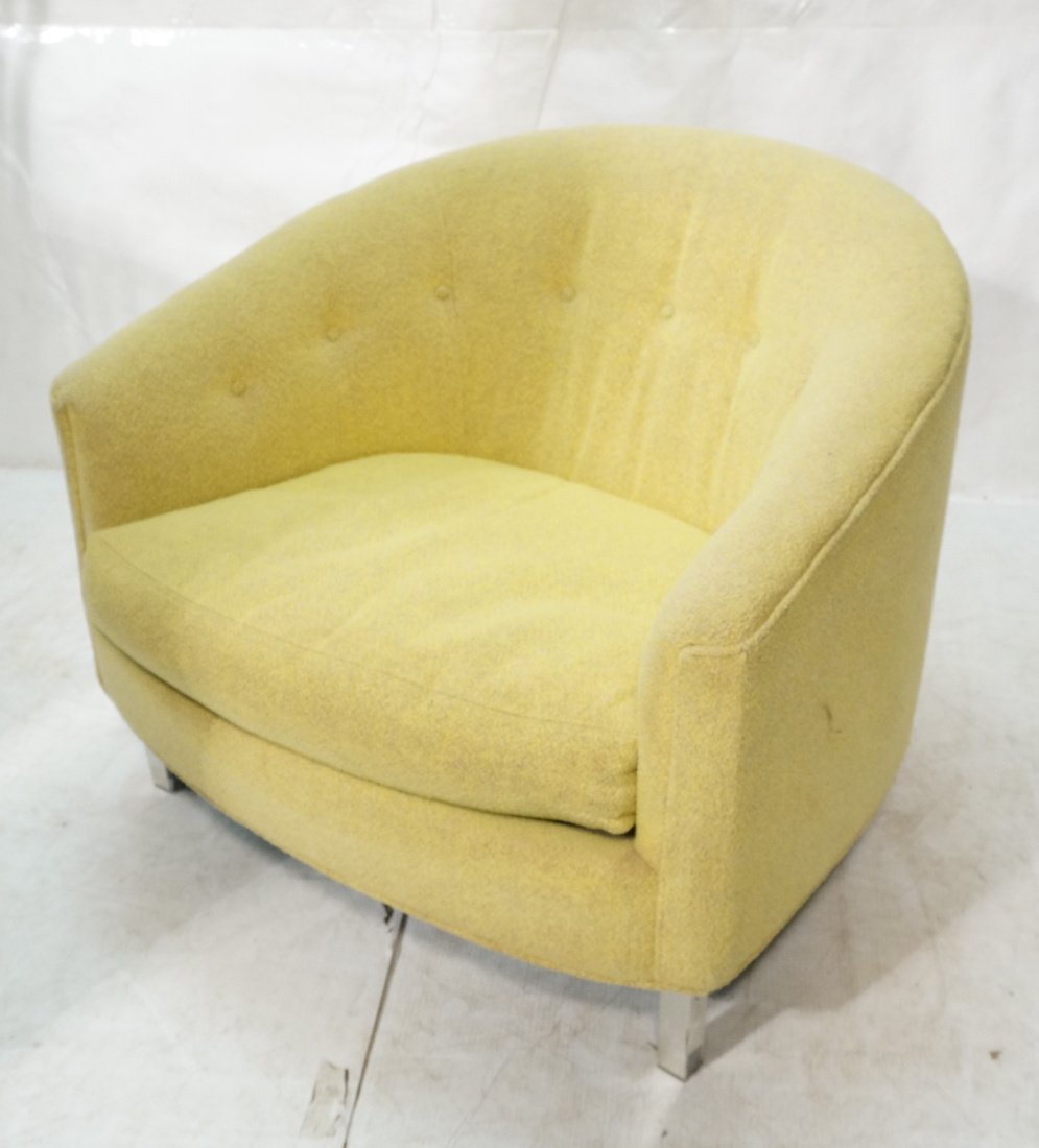 Selig Barrel Back Lounge Chair. Aluminum square l: Selig Barrel Back Lounge Chair. Aluminum square legs. Yellow fabric upholstery with tufted back. Low wide form. Selig "Showcase" label-- Dimensions: H: 27 inches: W: 34 inches: D: 31 inches ---