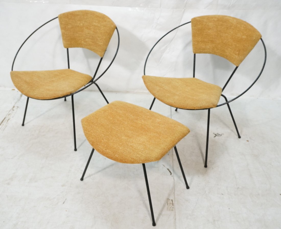 Pr SALTERINI Hairpin Iron Circle Chairs & Ottoman: Pr SALTERINI Hairpin Iron Circle Chairs & Ottoman. Rubber capped feet. -- Dimensions: H: 29 inches: W: 27 inches: D: 27 inches ---