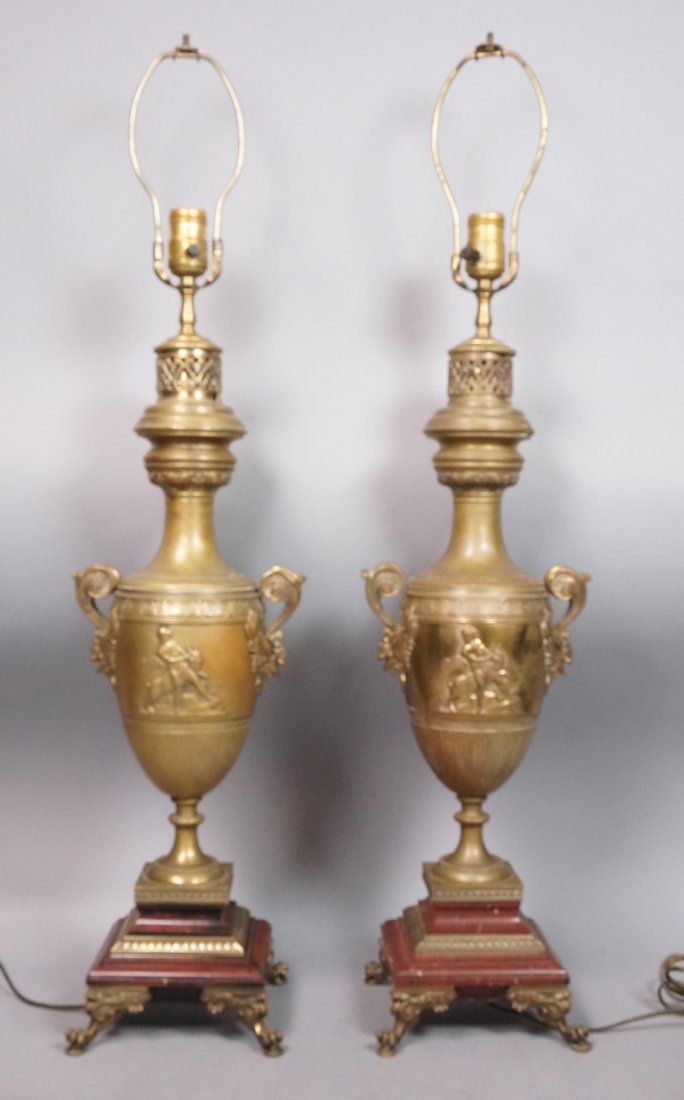 Pr Heavy Antique Bronze Urn Lamps. Handled classi (1 of 10)