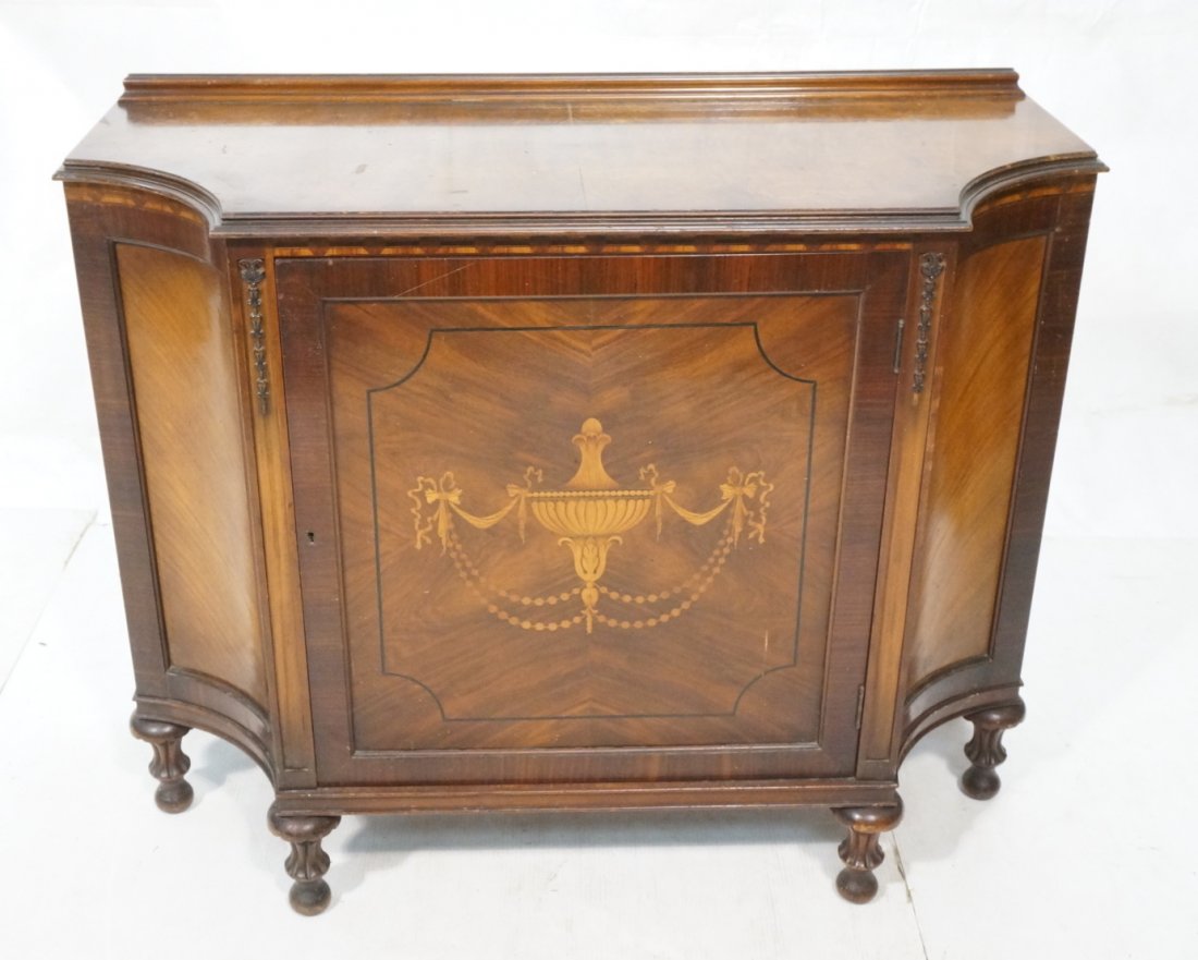 Inlaid One Door Credenza Sideboard. Garland & Urn: Inlaid One Door Credenza Sideboard. Garland & Urn Wood Inlay. Shaped front. Raised on feet. -- Dimensions: H: 34 inches: W: 42 inches: D: 19.25 inches ---
