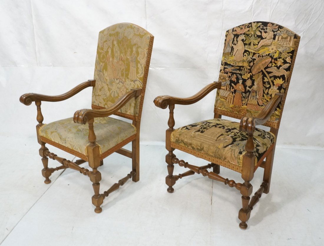 Pr Tall Back Needlepoint Continental Chairs. Carv (1 of 10)