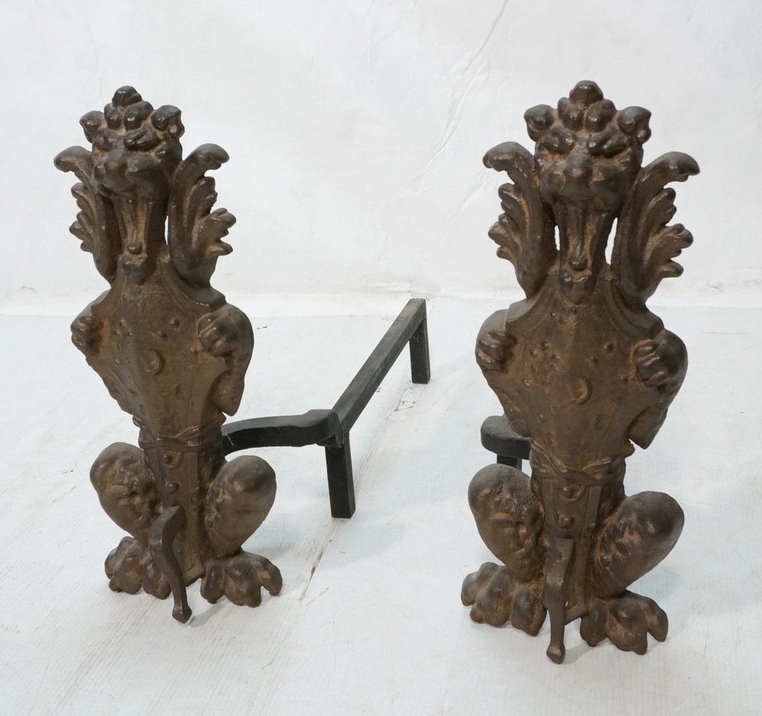 Pr Heavy Metal Standing Lion Andirons. Standing L (1 of 7)