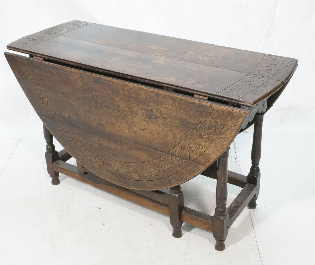 Antique Primitive Carved Oak Drop Leaf Gate Leg T (1 of 9)