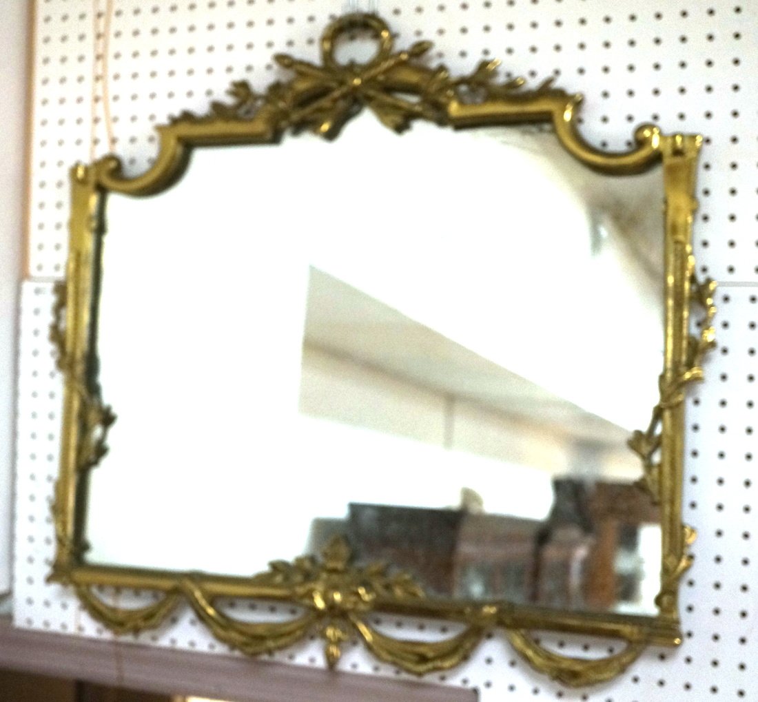 Brass Framed Wall Mirror. Decorative Crest. Drape (1 of 5)