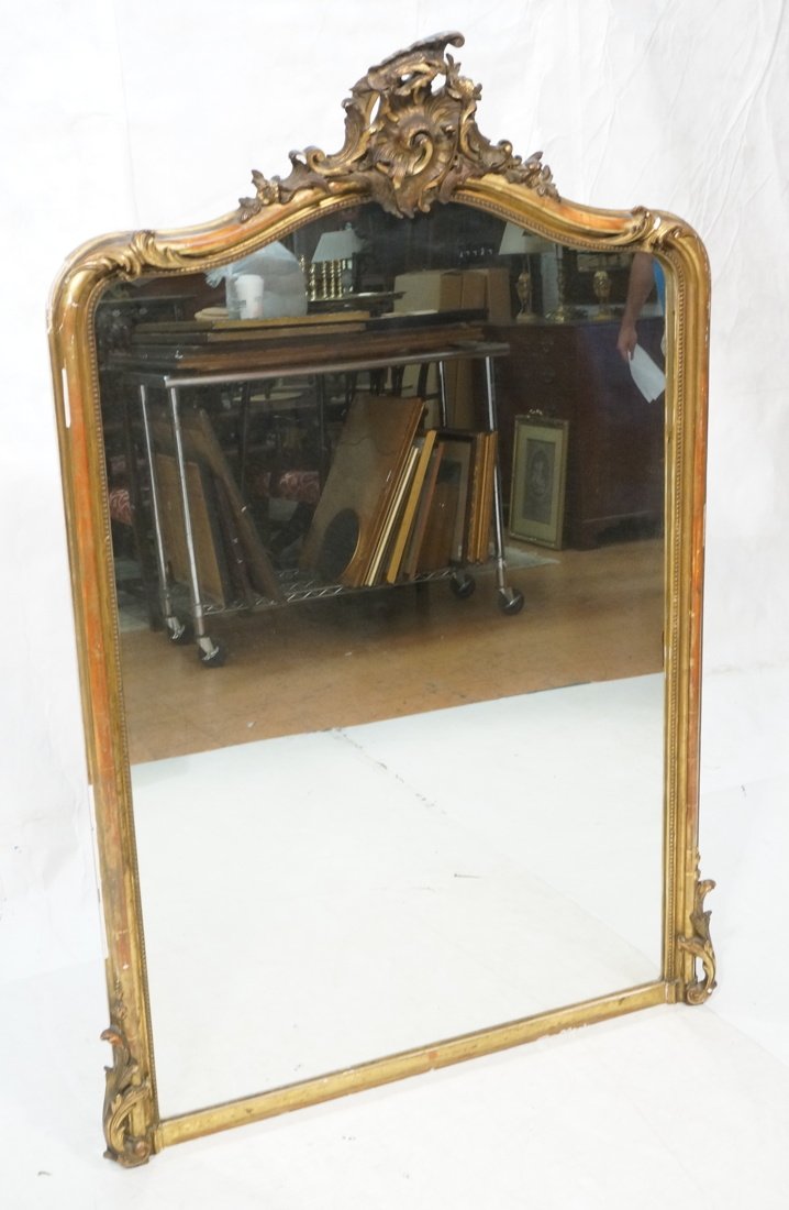 Large Antique Carved Wood Mirror. Fancy Crest. Gi (1 of 10)