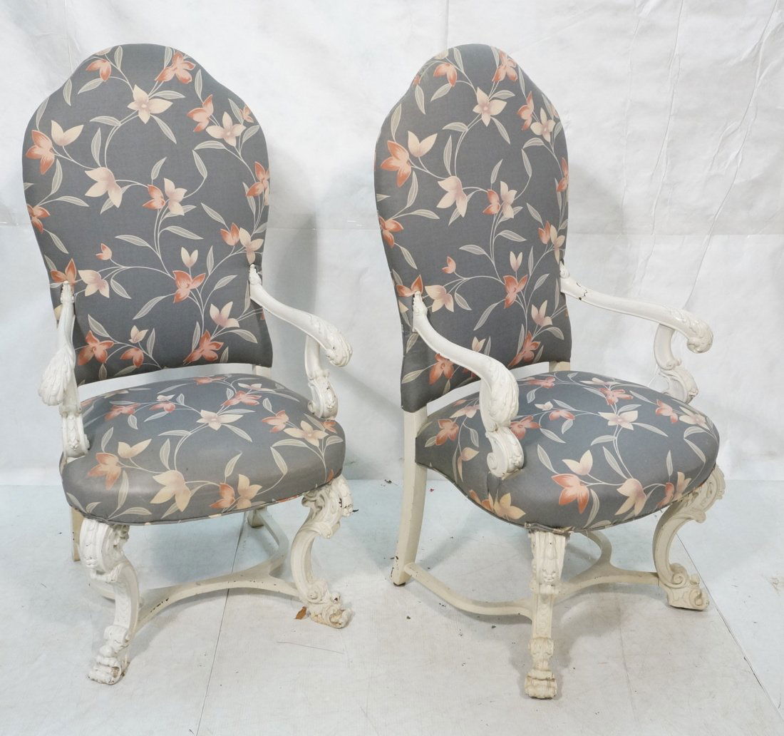 Pr Carved Painted Tall Back Arm Chairs. Antique h (1 of 10)