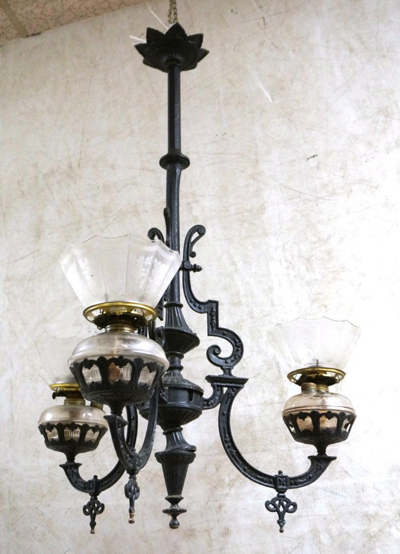 Antique Victorian Three Arm Oil Lamp Hanging Chan (1 of 8)