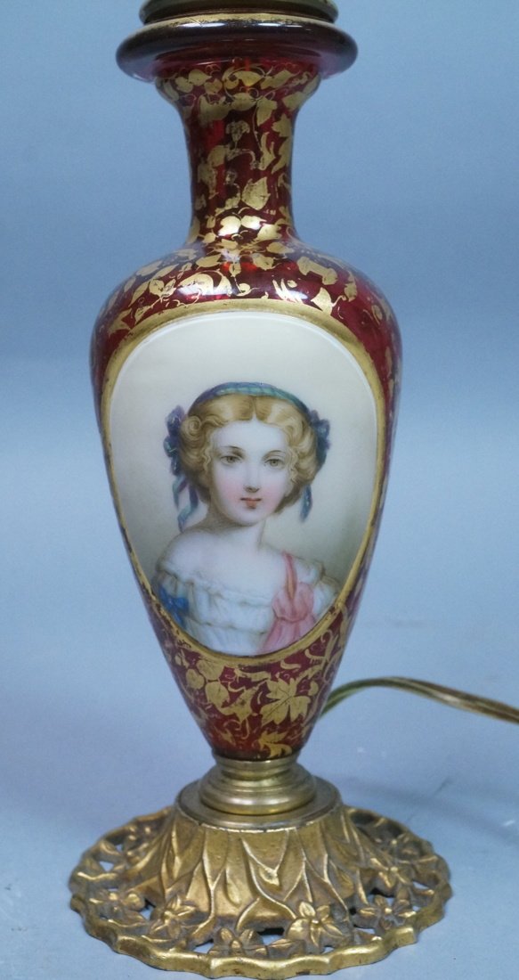 Antique Gilt Cranberry Glass Boudoir Lamp. Porcel (1 of 8)