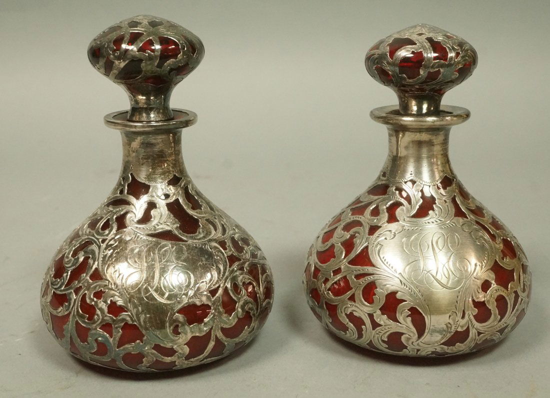 Pr Ruby Glass Sterling Overlay Dresser Bottles Ja (1 of 9)