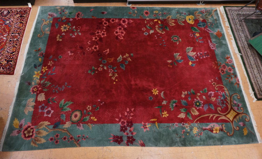 13'9" x 9'8" Chinese Deco Carpet Rug. Green borde (1 of 10)