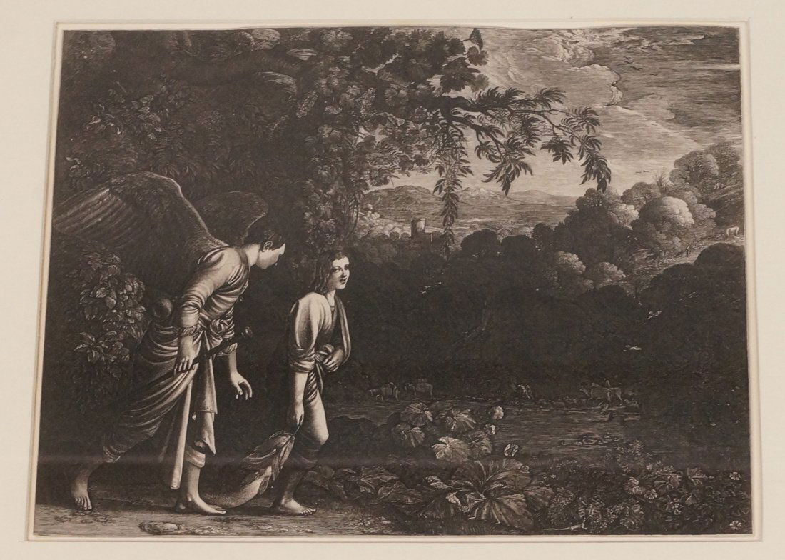Antique Engraving. "Woman with Angel". Landscape (1 of 9)