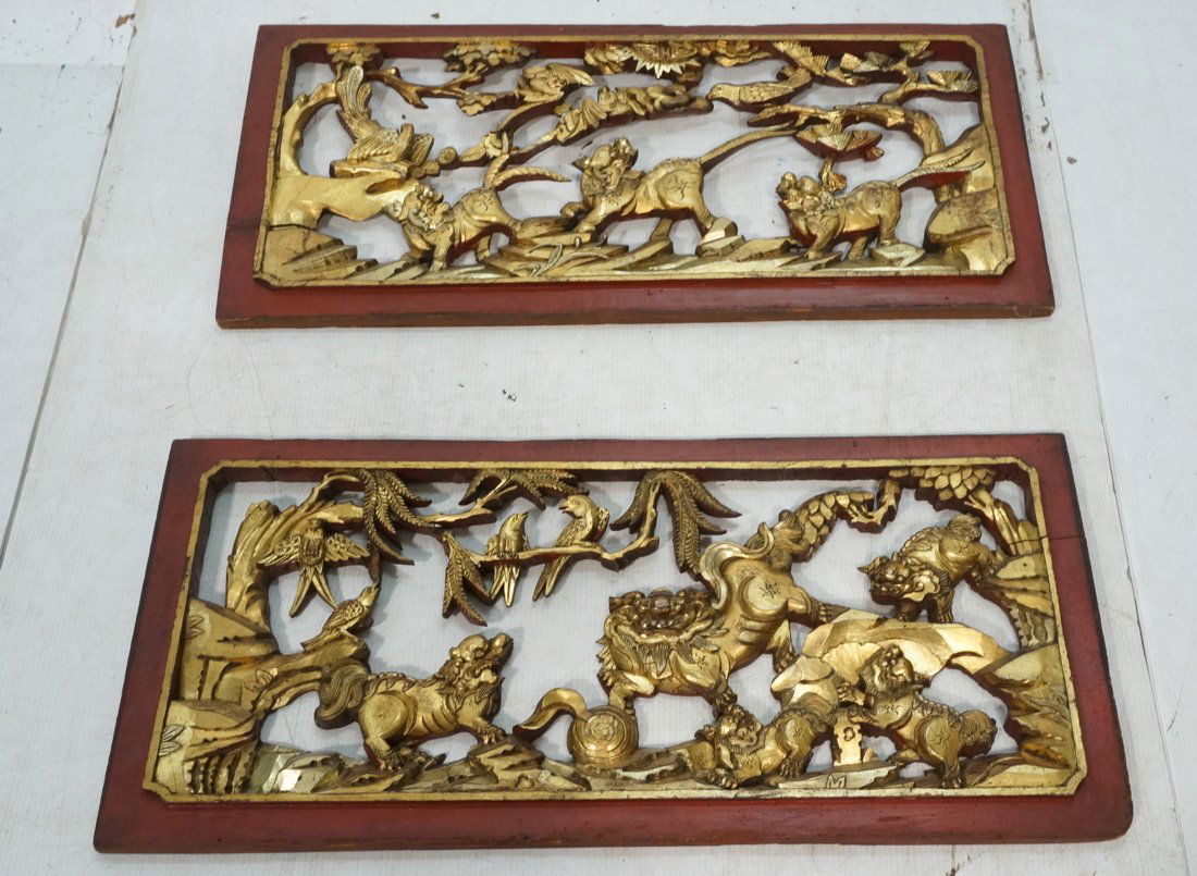 Pr Carved Wood Asian Panels. Foo Dogs with birds (1 of 10)