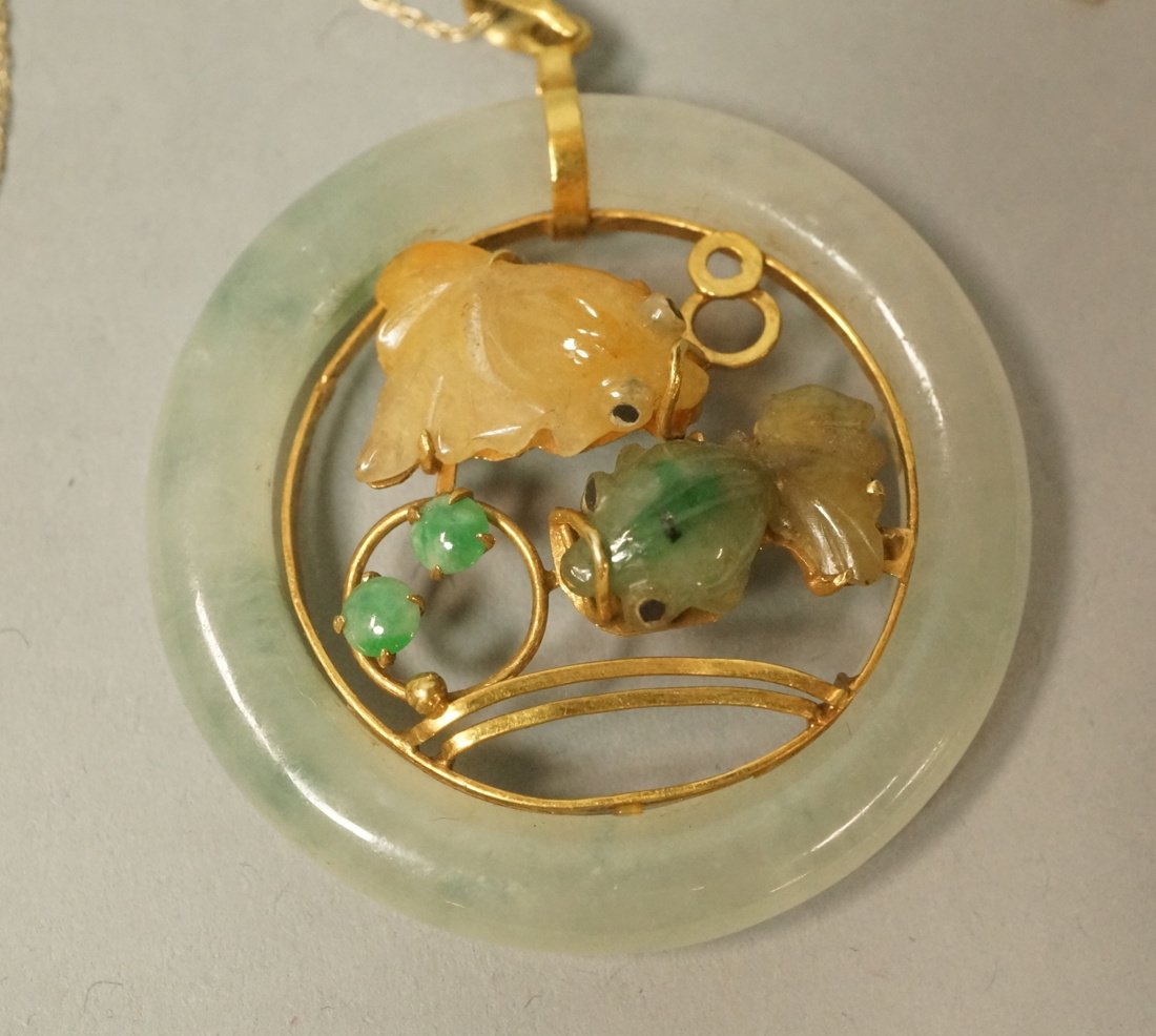 Carved Jade 14K Gold Asian Fish Pendant on 10K ch (1 of 4)