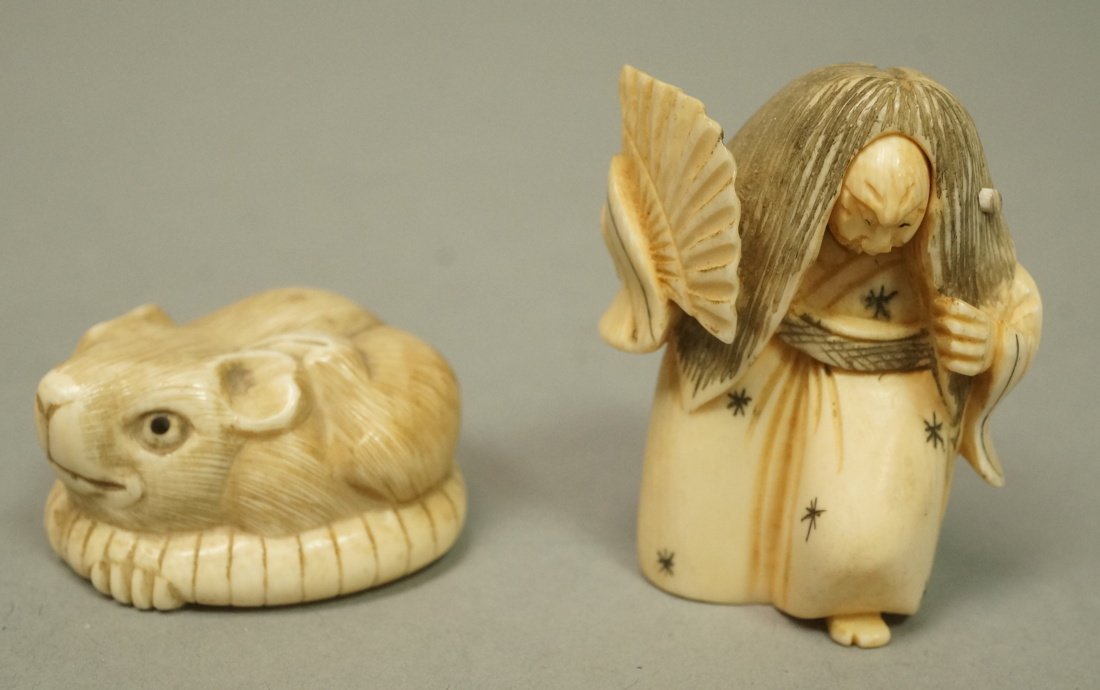 2pc Carved Japanese Netsukes. 1). Signed rat. 2)S (1 of 3)