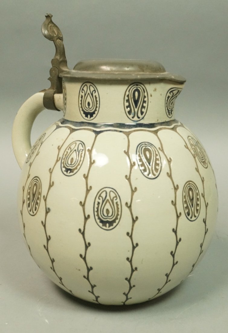 Stoneware Pitcher Jug with pewter lid. Branch for (1 of 6)