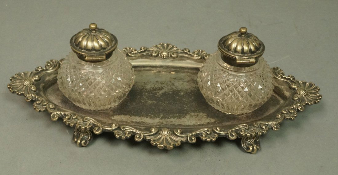 Double Cut Crystal Inkwells. Silver Plate Tray wi (1 of 9)