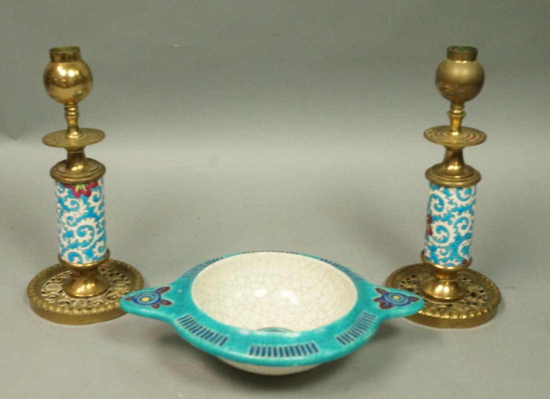 3pc French LONGWY Porcelain Lot. Pr Candlesticks (1 of 8)
