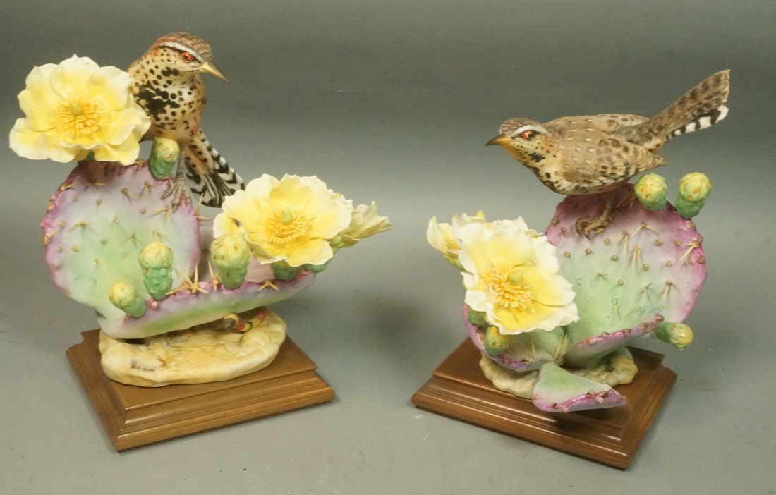 Pr ROYAL WORCESTER Cactus Prickly Pear Wren Bone: Pr ROYAL WORCESTER Cactus Prickly Pear Wren Bone China Sculpture. Artist Signed by Dorothy Doughty, Marked. -- Dimensions: H: 11.5 inches: W: 11 inches: D: 9 inches ---